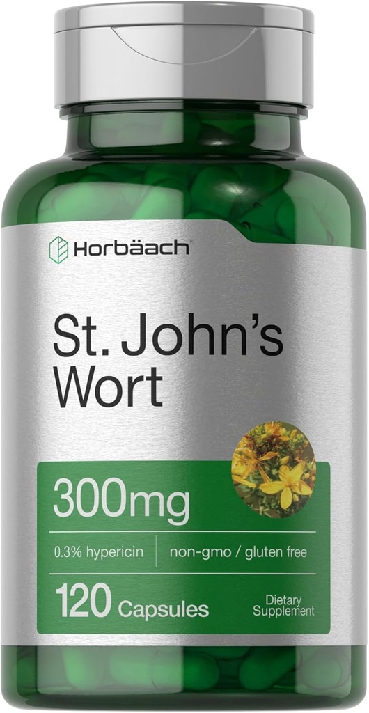 Horbäach St John's Wort כמוסות 300 מ"ג | 120 Count | Non-GMO, Gluten Free | Herbal Extract