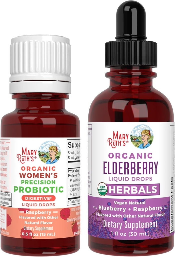 MaryRuth Organics Precision Probiotics for Women (Raspberry) & Elderberry Drops (블루 베리) | USDA Organic | 구트 건강, 면역성 및 전반적인 웰빙 비타민 | Vegan, Non-GMO, 글루텐 프리