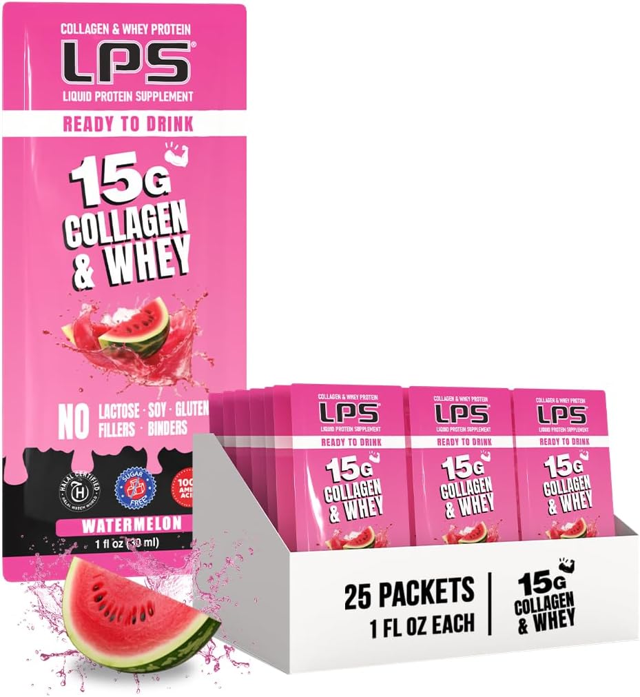 LPS Liquid Collagen & Whey Protein Supplement - Non-GMO Drink, Sugar-Free - Främjar hälsosam hud och hår för män och kvinnor, Watermelon, Single Serve (50 Packets)