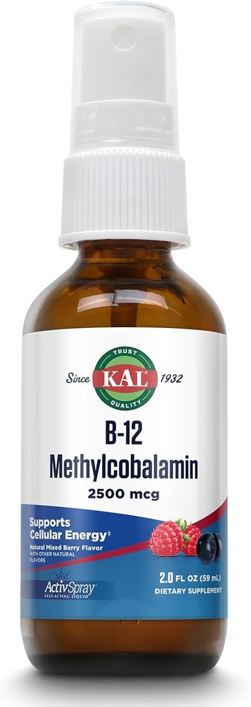 KAL Vitamin B12 Methylcobalamin ActivSpray 2500mcg, Healthy Energy, Метаболизъм, Nerve & Red Blood Cell Support,* Fast-Acting Liquid B12, Максимална абсорбция, Natural Berry Flavor, 80 Servings, 2 fl oz