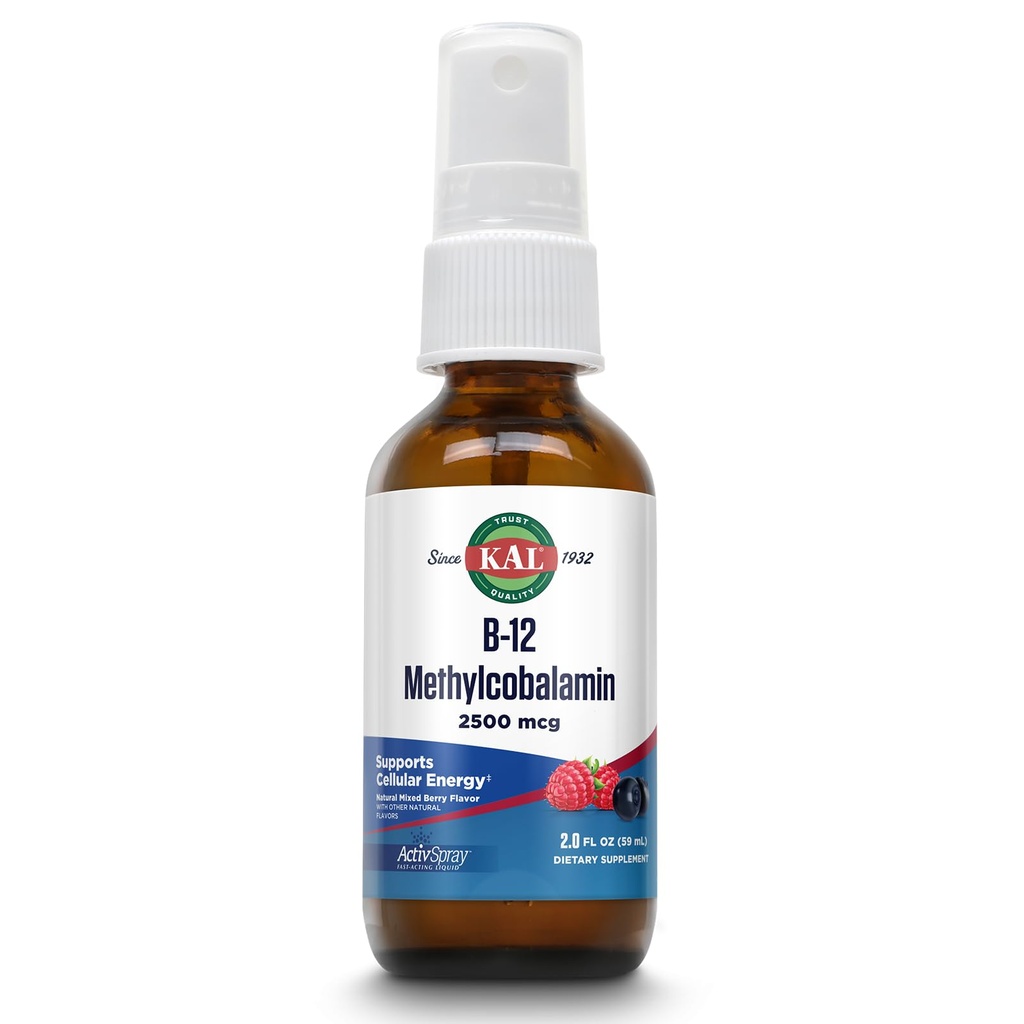 KAL Vitamin B12 Methylcobalamin ActivSpray 2500mcg, Healthy Energy, Metabolism, Nerve & Red Blood Cell Support,* Fast-Acting Liquid B12, Maximum Absorption, Natural Berry Flavor, 80 Servings, 2 fl oz