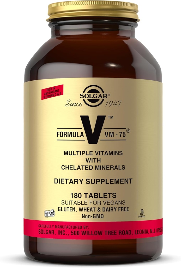 Solgar Công thức VM-75, 180 phiến đá - Multivitamin với Chelated Mineles - A, B6, B12, C, D, E - Biotin, Magnesium, Calcium, Iron, Zicn - Vegan, Gluten Free, Dairy Free, Kosher - 180 phục vụ