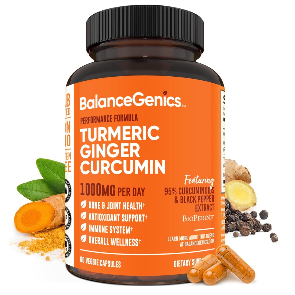 Turmeric Curcumin Supplement with Black Pepper & Ginger Root 1000mg | Optimized Formula 95% Curcuminoids Curcuma | Joint Health & Inflammation Support | 60 Capsules Powder Filled