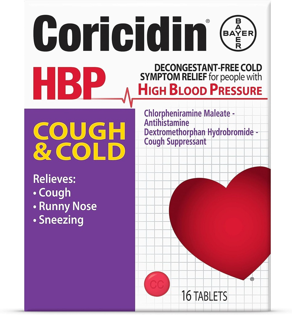 Coricidin HBP Decongestant-Free tows i medicina Freda - Relleu especialment dissenyada per a l'alta tensió de sang, tosite, Runny Nose, Sneezing i Fred Symptoms (16 Count)