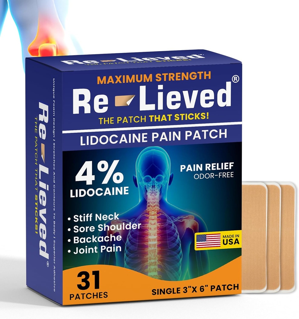 Re-Lieved 4% Lidocaină Patches Putere maximă - Aluminum-Free, Resistent de apă și Statele Unite ale Americii Made -Superior Sticking Pain Relieves Petice rapid Retrage, articulații și dureri musculare 3x6 Inches (31 Conte)