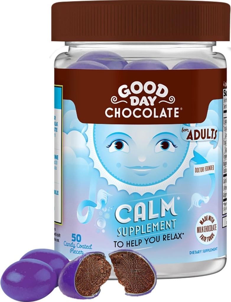 Good Day Chocolate Natural Calming Supplement for Adults, Blend of Camomile, Theanine, Magnesium, Fair Trade and Non-GMO Chocolate, 50 Piece