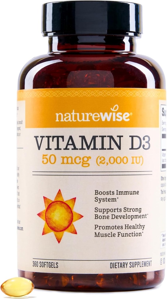 NatureWise Vitamiin D3 2000iu (50 mcg) 1-aastane varustus immuunsuse toetamiseks, tervisliku lihasfunktsiooni ja luude terviseks - mitte-GMO, gluteenivaba orgaanilises ekstra neitsioliiviõlis, (Mini Softgel), 360 Count