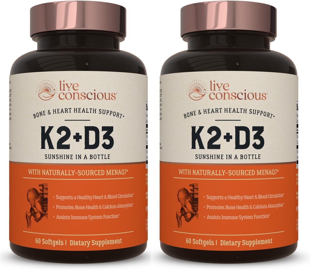 Vitamina Conscious K2 MK7 con suplemento D3 ← Bone & Heart Health Support - Patented Vitamin K &amp; Vitamina D3 5000 UI (2-Pack)