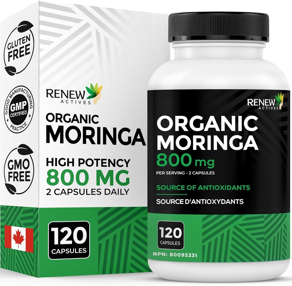 Renew Activities Moringa Leaf Addition 800MG per 2 капсули - Antioxidant-Rich Moringa Oleifera - Насърчаване на доброто здраве и уелнес - Лесно за преглъщане - Made in Canada - 120 капсули