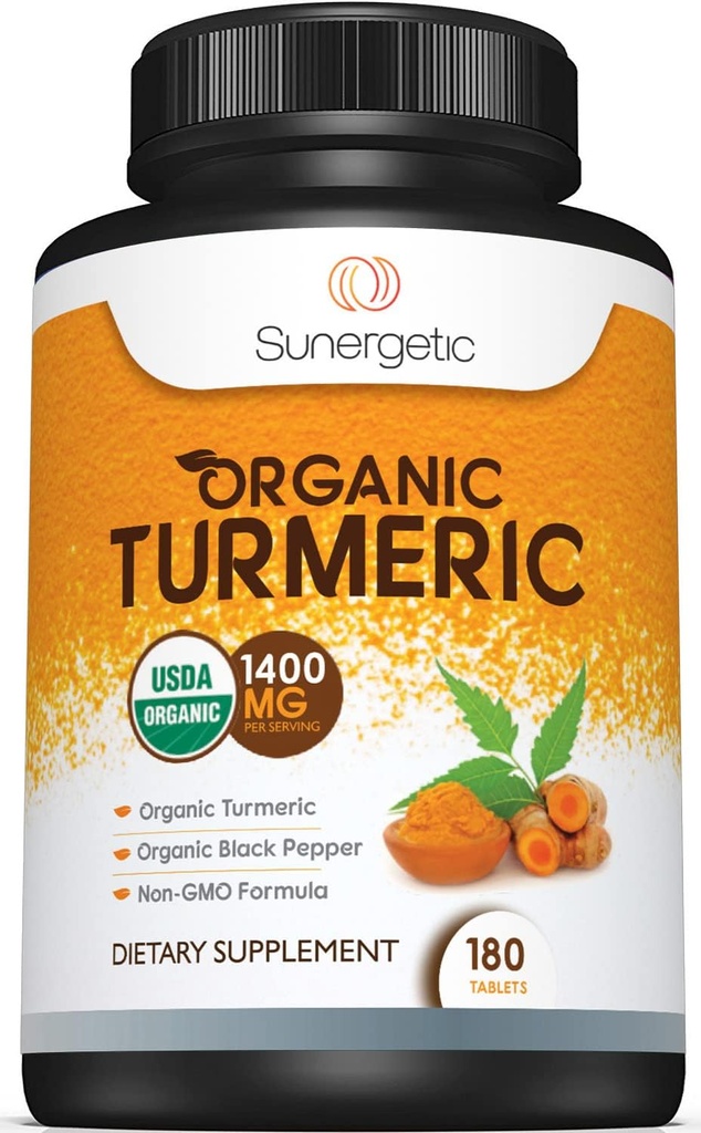 Sunergitic USDA Sertificēts Organic Turmeric Papildinājums – Ietver Organic Turmeric & Organic Black Pipars – 1400mg Turmeric per Serving - 180 Grāfs (1. iepakojums)