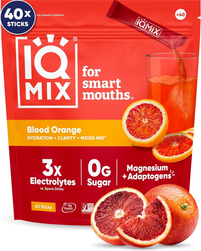 IQMIX Hydration Elektrolyt-Pulver – 4-in-1 Formel für Hydration, Psychische Klarheit, Stimmung und Erholung – Sugar-Free Drink Mix, Keto, Magnesium L-Threonate, Lion’s Mane – 40 Count Blood Orange