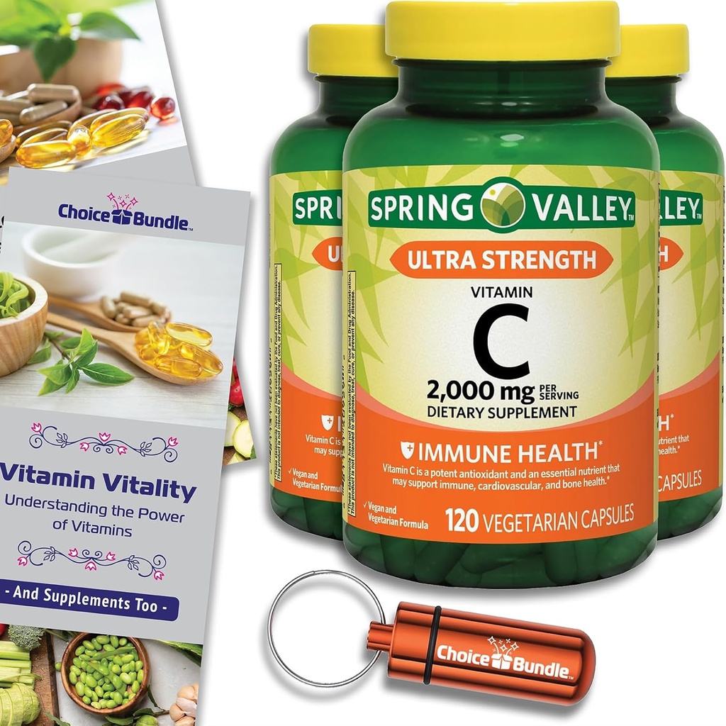 Valg Bundle Spring Valley Ultra Styrke Vitamin C Kapsler Kosttilskudd 2.000 mg 120 Ct 3 pk (360 Totalt) + Vitamin Guide & Pill Container (5 elementer)!