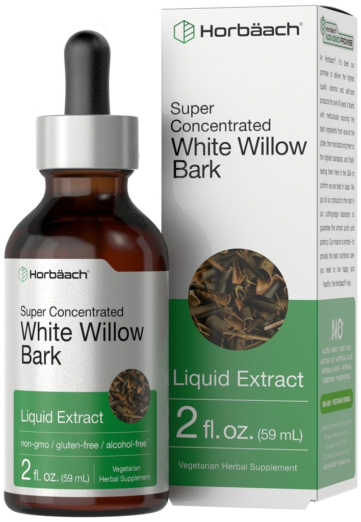 Horbäach White Willow Bark Extract Tincture| 2 Fl oz | Alcohol Free Liquid Supplement | Super Concentrated | Vegetarian, Non-GMO, Gluten Free