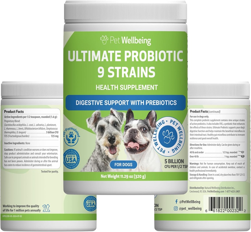 Pet Wellbeing Ultimate Probiotic 9 Strains for Dogs & Cats - Apoia o microbioma Gut e Digestion, coidados do sistema inmunitario, saúde do tracto urinario, FOS, 2.5 Billion CFU - 11,29 oz (320 g) pó