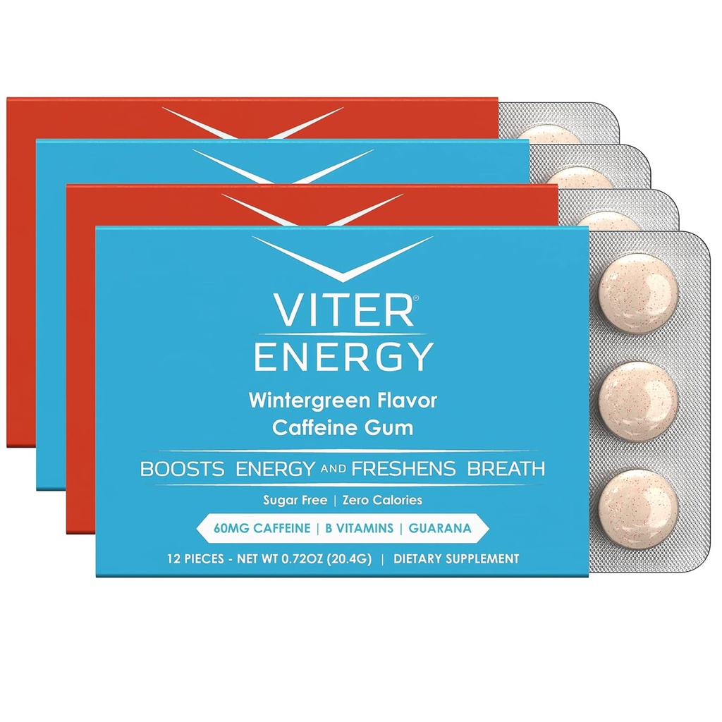 Viter 에너지는 Gum 60mg 카페인, B 비타민, 과라나, 설탕을 해방합니다. (Variety, 12pcs, 4 팩)