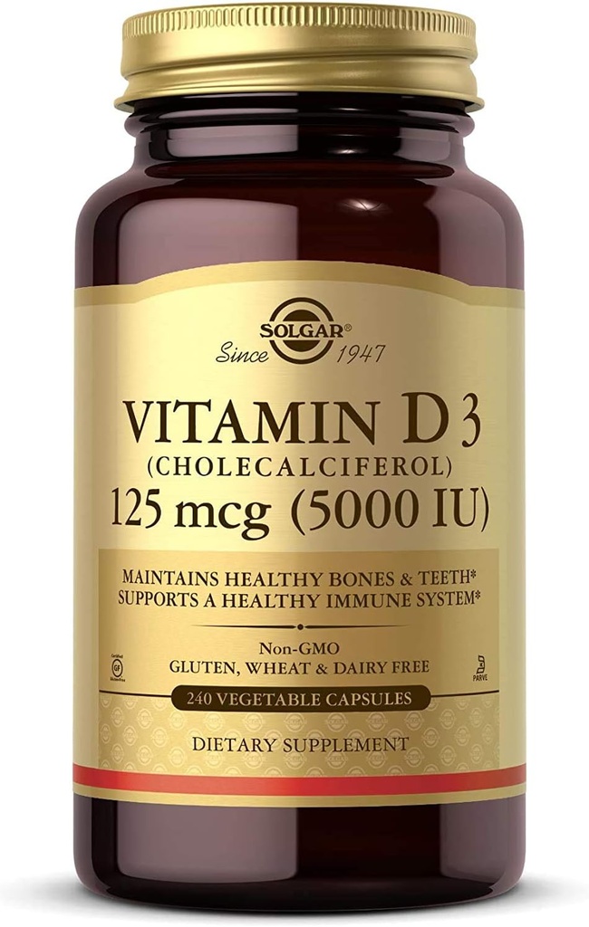 Solgar Vitamin D3 (Cholecalciferol) 125 mcg (5000 IU), 240 capsule vegetali - aiuta a mantenere le ossa sane e denti - Supporto sistema immunitario - Non-GMO, senza glutine - 240 Serve totali