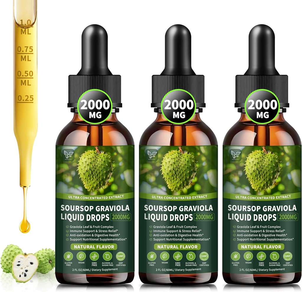 (3 Pack) Soursop Graviola Liquid Drops 2000mg, 98% Absorption for Cell Support " Regeneración, Immune Boost, Liver, Herbal Goodness, Soursop Bitters Liquid-Sugar/Gluten Free, Natural Flavor, 6 Fl Oz
