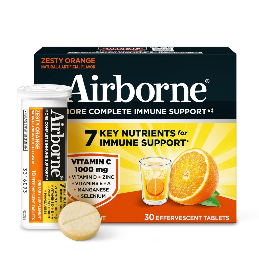 Airborne 1000mg Vitamin C + Zinc Sugar Free Multivitamin Immune Support Effervescent Fizzy Drink Tablets, Zesty Orange Flavor with Powerful Antioxidants Vitamins A C & E, 30 Tablets