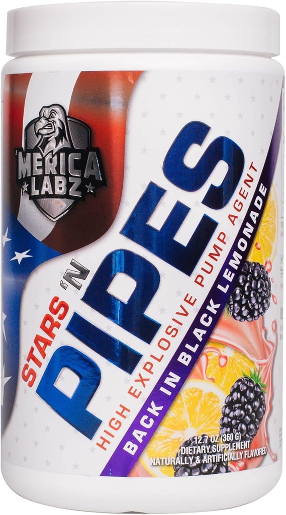 'Merica Labz Stars' N Pipes High Explosive Pump Agent, Stimulant-Free, 6G of L- Citrulline, 20 Servings (Back in Black Lemonade)