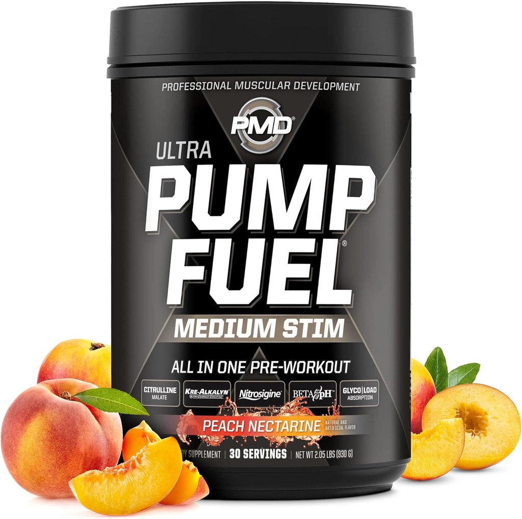 PMD Sport Pump Fuel Ultra Medium Stim - Premium Pre Workout Powder & Lihaspump, Greater Focus, Endurance & Recovery, Premium Kreatiin, Arginine & Beeta Alanine - Virsiku nektariin (30 Servings)