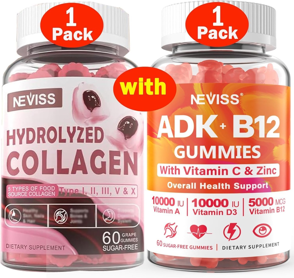 NEVISS 1Pack Hydrolyzed Collagen Gummies + 1Pack Vitamin ADK med B12 Gummies
