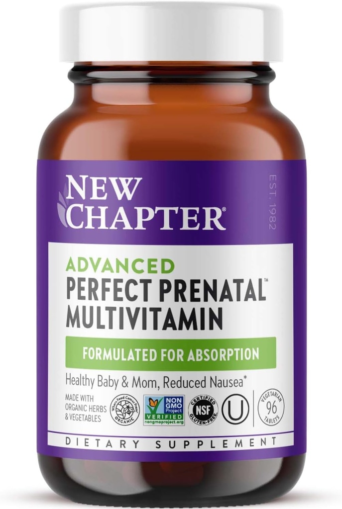 Nuevo capítulo Advanced Perfect Prenatal Vitaminas, 96ct, Hecho con ingredientes orgánicos, no transgénicos para bebés saludables &amp; madre - Folate (Methylfolate), Hierro fermentado entero, vitamina D3 + jengibre