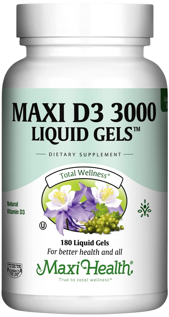 Maxi Health Vitamin D3 3000 IU 75 mcg Vitamin D Supplement for Healthy Bones, Teeth, Immune Support - VIT D3 Supplement Easy to Swallow Non-GMO, Supplement for Men and Women – Kosher 180 Gels