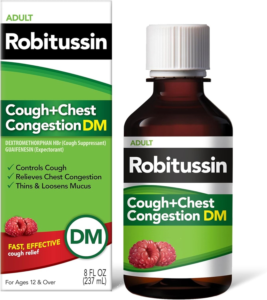Robitsin Cough and Chest Contraffic DM, Batuk Suppresan dan Expectorant, Raspberry Flavor - 8 Fl Oz Bottle
