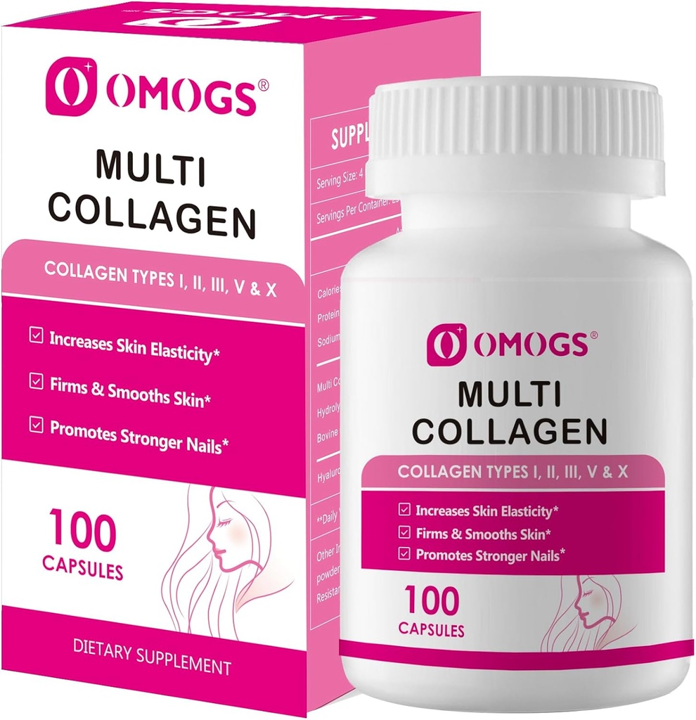OMOGS Collagen Peptides Капсула, Естествено Sourced Hydrolyzed Collagen с пребиотик & Cranberry Extract - Коса, кожа, нокти, Съвместно, Храносмилателна здраве и имунна поддръжка, Non- GMO, 100 капсули