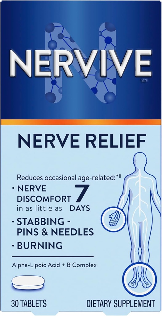 Nervive Nerve Relief, Occasional Nerve Discomfort II, Nerve Relief, začína pracovať v 7 dňoch, bodanie, pálenie, Alpha Lipoic Acid, B Vitamíny, Turmerica, Ginger, Nervive Supplement, 30 tabliet