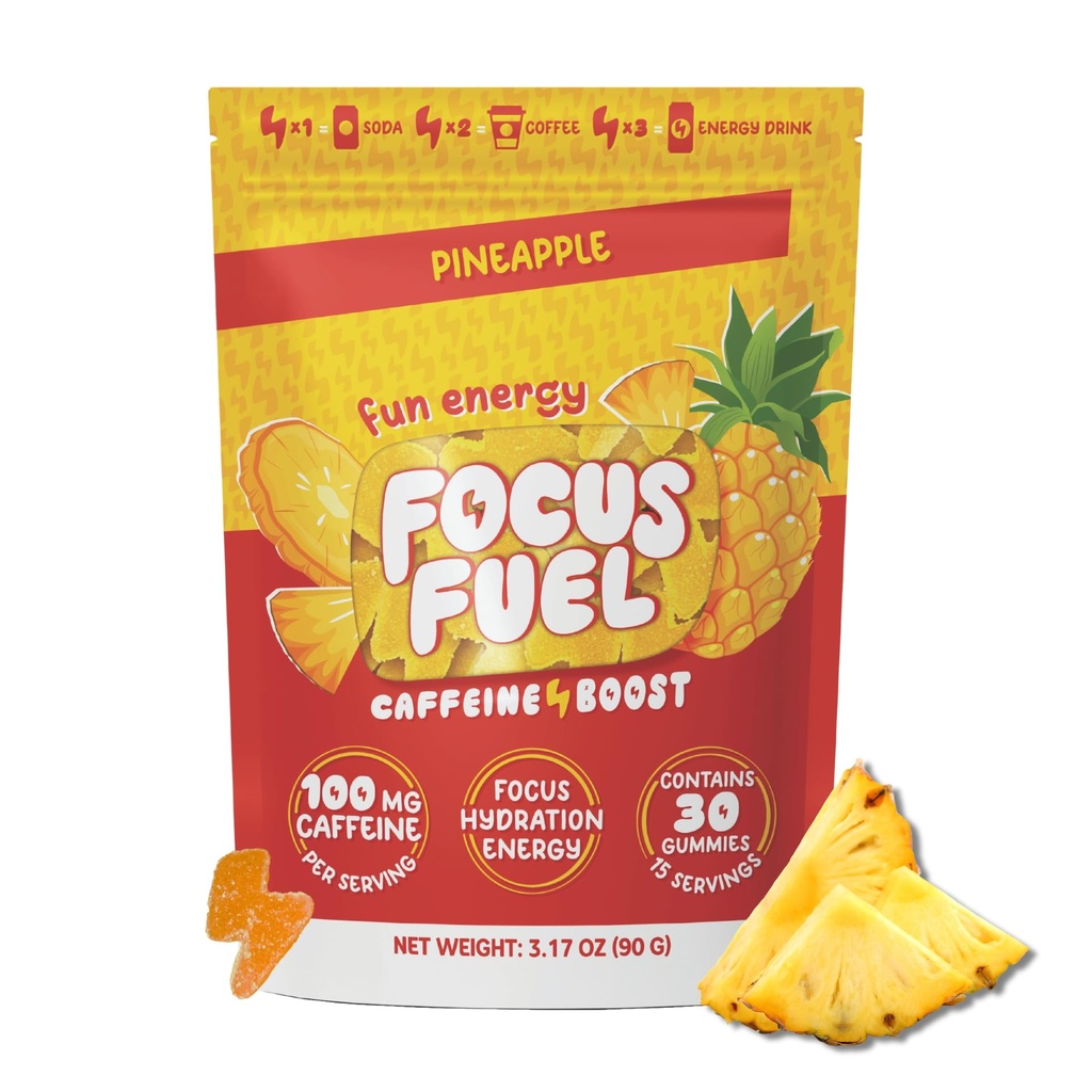 FocusFuel Energy Chews – Pineapple Flavor (15 Servings) – 100mg Caffeine + Alpha GPC + L-Theanine + B12, Magnesium – Tropical Energy Boost – No Crash or Jitters