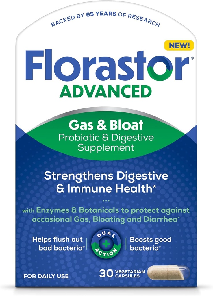 Florastor Gás avançado e Bloat Probiótico, Enzimas Digestivas e Botânicas, Além de Probióticos para Saúde Digestiva, 30 Cápsulas