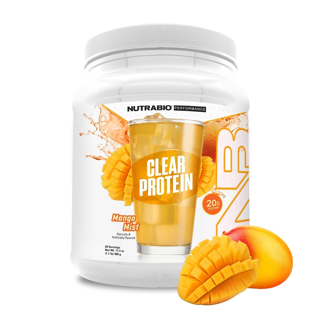 NutraBio Clear Protein Powder, Mango Mist - 20 Servings, 20g Clear Whey Protein Isolate, 0 Sugar, 0g Lactose, Refreshing Fruit Flavors, GLP1 Support - Bone Health - Muscle Post Workout Recovery