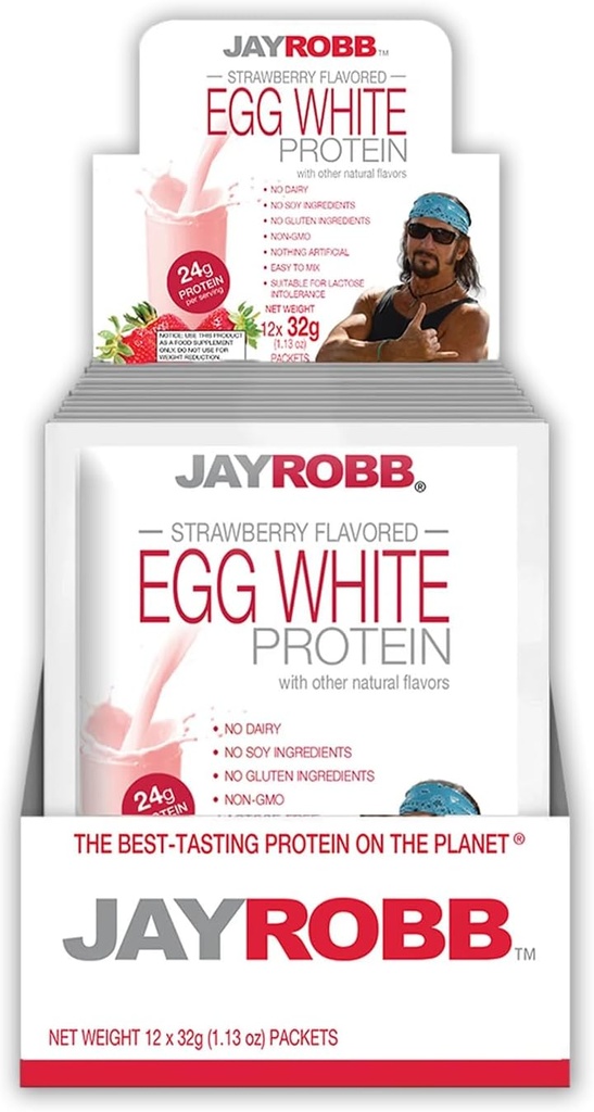 JayRobb Egg White Proteine Powder, Low Carb, Keto, Vegetarian, Gluten Free, Lactoză Gratuit, Fără Zahăr Adăugat, Fără grăsime, Nu Soy, Nimic artificial, Non-GMO, Cel mai bun gust (Pachete individuale, Căpșuni)