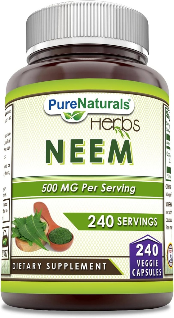 Pure Naturals Neem (Made with Natural Neem Leaf) Name 124; 500 Mg pr Serving 240 Veggie Kapsler Supplement 124; Non- Gluten Free
