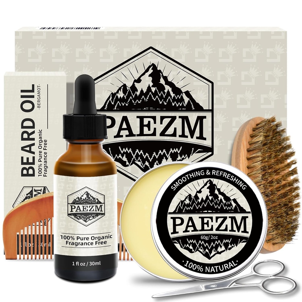 5 Kousek Beard Grooming Kit pro muže, včetně všech Natural Beard Oil, Beard Balm s Sweet Orange Scent, Comb, Nůžky, Storage Bag, Beard Care Nastavte vánoční dárek pro něj
