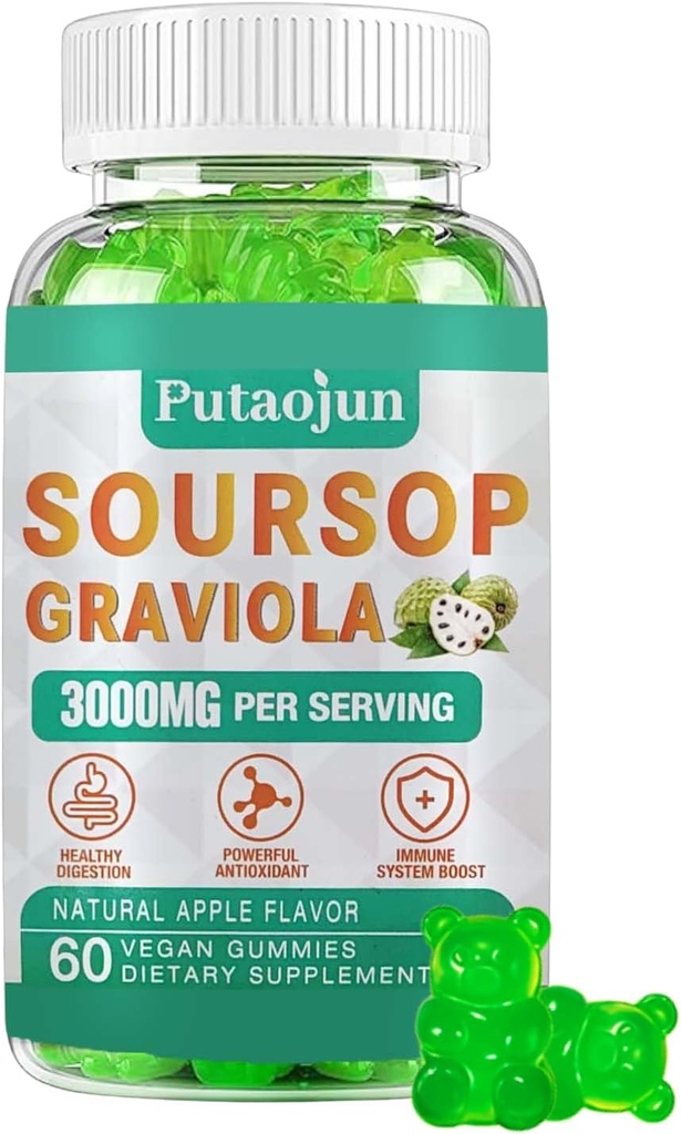 Soursop Graviola Gummies | 2000mg Soursop Blätter Extrakt für Verdauung, Zellunterstützung, Immununterstützung und Antioxidans | High-Absorption | Non-GMO, Vegan, 60 Gummis
