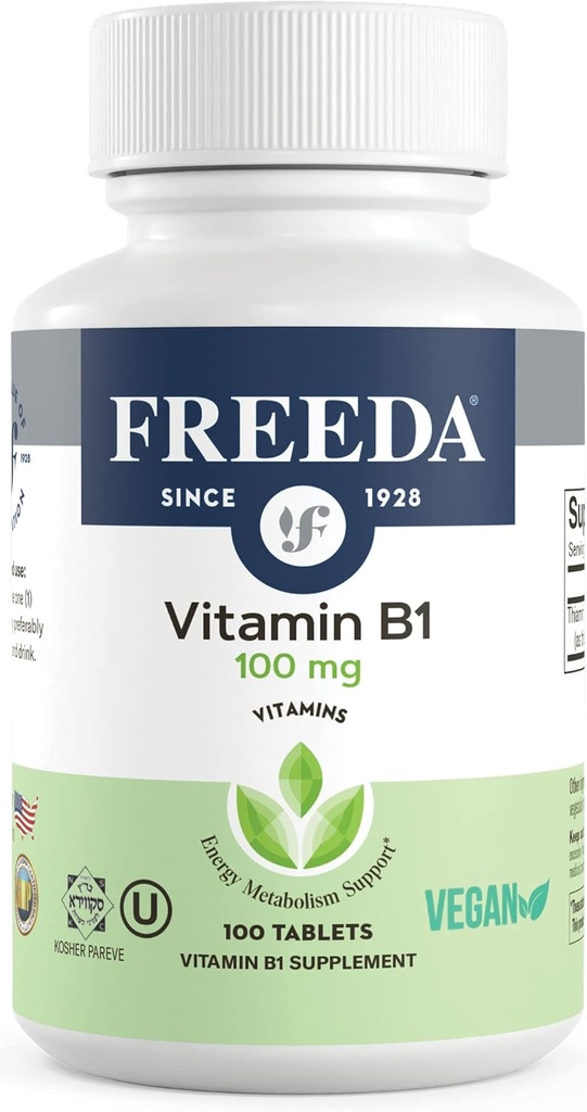 Freeda B1-vitamiini Tiamine 100 mg - Tukee energian aineenvaihduntaa, Hermoston terveys - Kosher, Vegan, Gluteeniton - Thiamin HCl 100 mg B1-vitamiini - Pure Vit B1-vitamiini Tiamine B1-vitamiini täydentää (100 Ct)