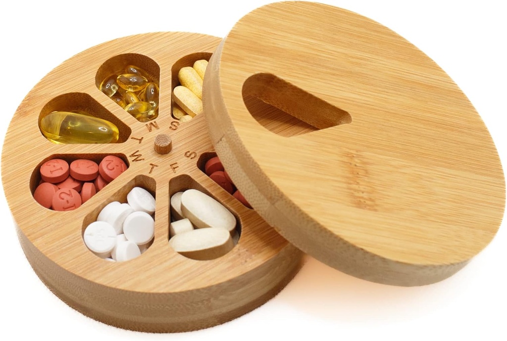 Organitzador de medicina Wood Daily Weekl, organitzador de viatges i Pill Holder, patrell Medicie Medicie Barll, Dia de tarda, disseny millorat amb dies de la setmana i Wood Lid del Solid