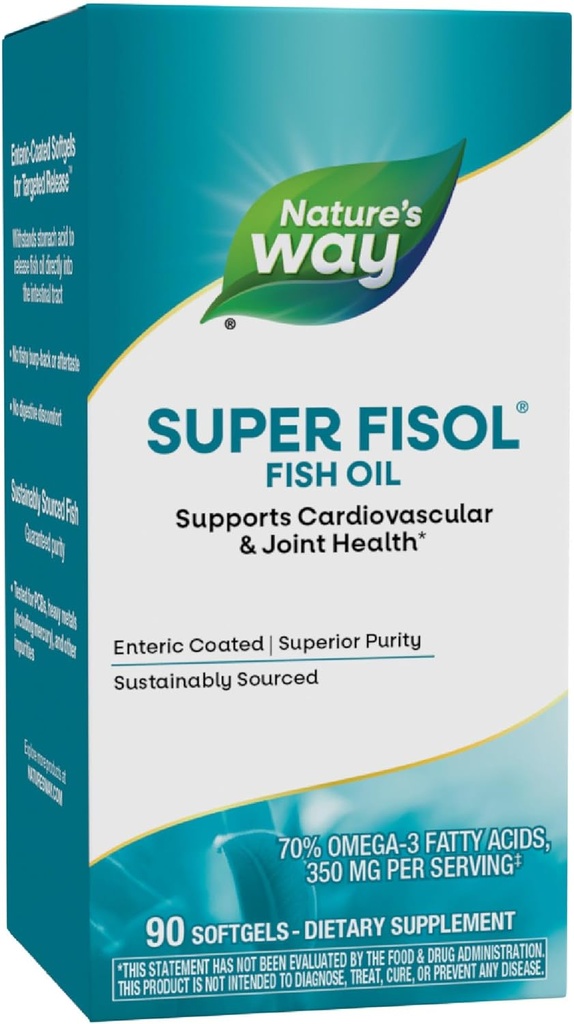 Natura's Way Super Fisol Fish Oil, Enteric Coated, Supports Cardiovascal and Joint Health*, Mega Potency Omega-3s, 90 Softgels (Packaging May Vary)