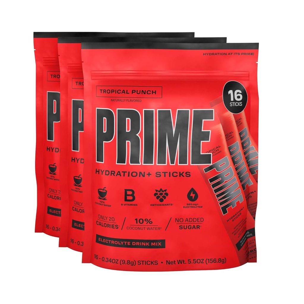PRIME HYDRATION+ Sticks Tropikal Punch | Hydration Toz Single Serve Sticks | Elyte Toz On The Go | 250 mg BCAAs, B Vitaminleri, Antioksis | Low Sugar | Caffeine-Free | Vegan | 48 Sticks