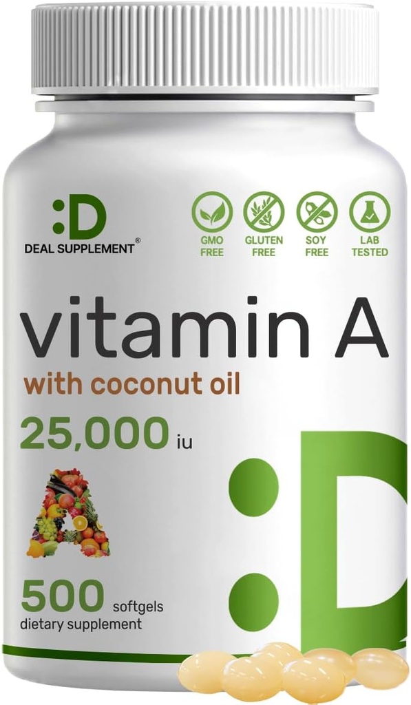DEL 添加高概率维生素A 25000 IU,500 Coconut Oil Softgels |易吸收,天然鱼肝油源 – 维生素换眼,Immune, & Skin Health – 易吞,非GMO
