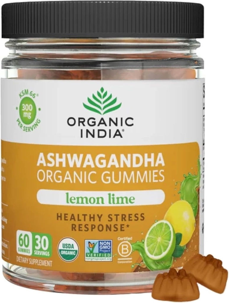 ORGANIC INDIA Ashwagandha Gummies for Men & Women - Stress Suplement, KSM-66 Ashwagandha Root, Ekstra Kekuatan, Tenang Chews, Vegan, Non- GMO - Lemon Lime, 60 Gummies