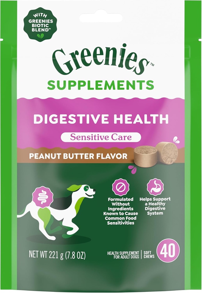 Greenies Sensitive Care Digestive Health Dog Supplemento Chicken-Free Formula, con un Probiotico per cani, burro di arachidi Flavor, 40 Conte Pouch