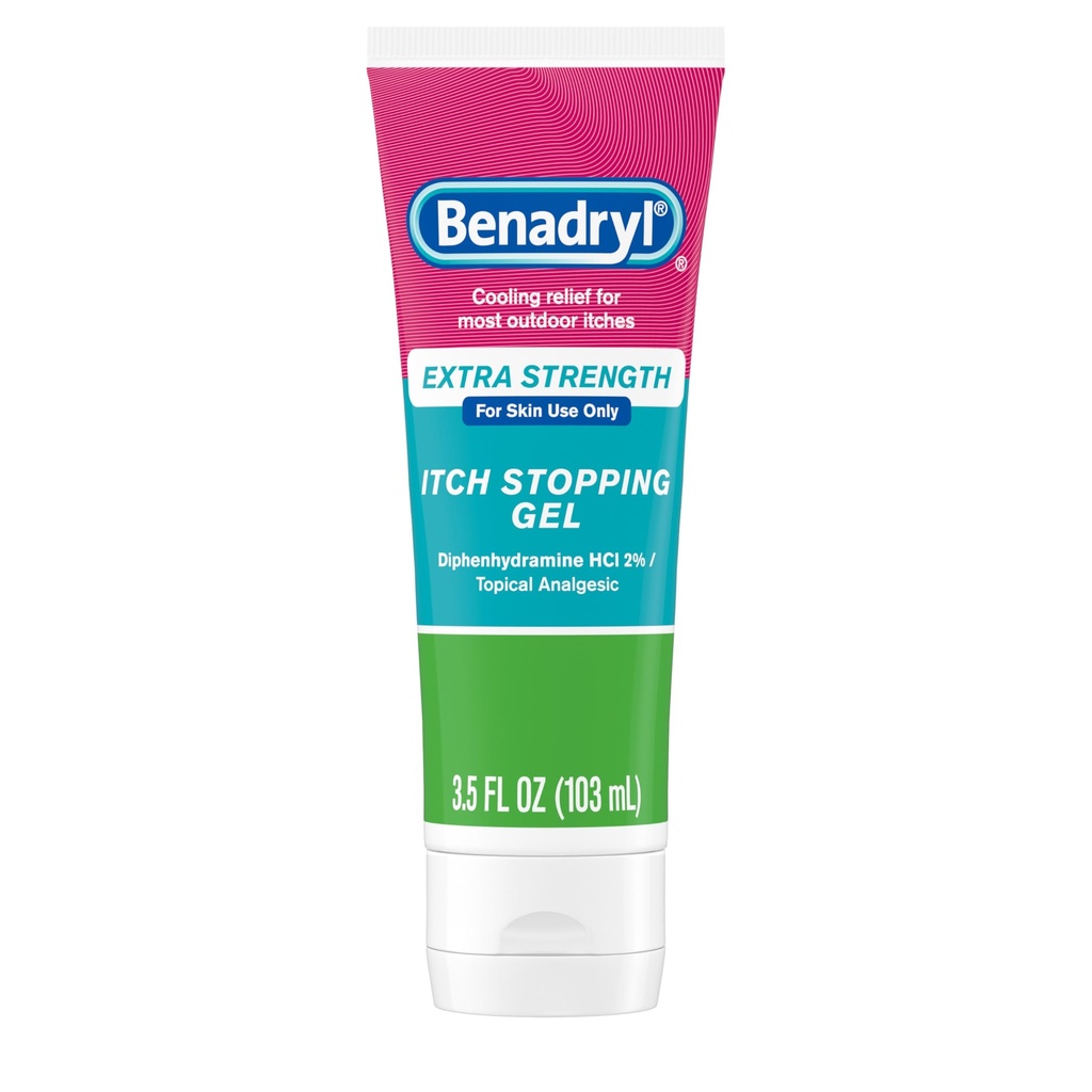Benadryl Extra Strength Anti Itch Relief Gel, 2% Diphenhydramine HCl, Relief from Insect Bites, Sunburn & More, Great for Camping Essentials, 3.5 fl oz