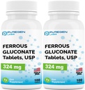 Puregen Labs Ferrous Gluconate 324 mg [High Potency] Iron supplement, Gentle on Stomach , 2 Pack - 200 Tablets Total