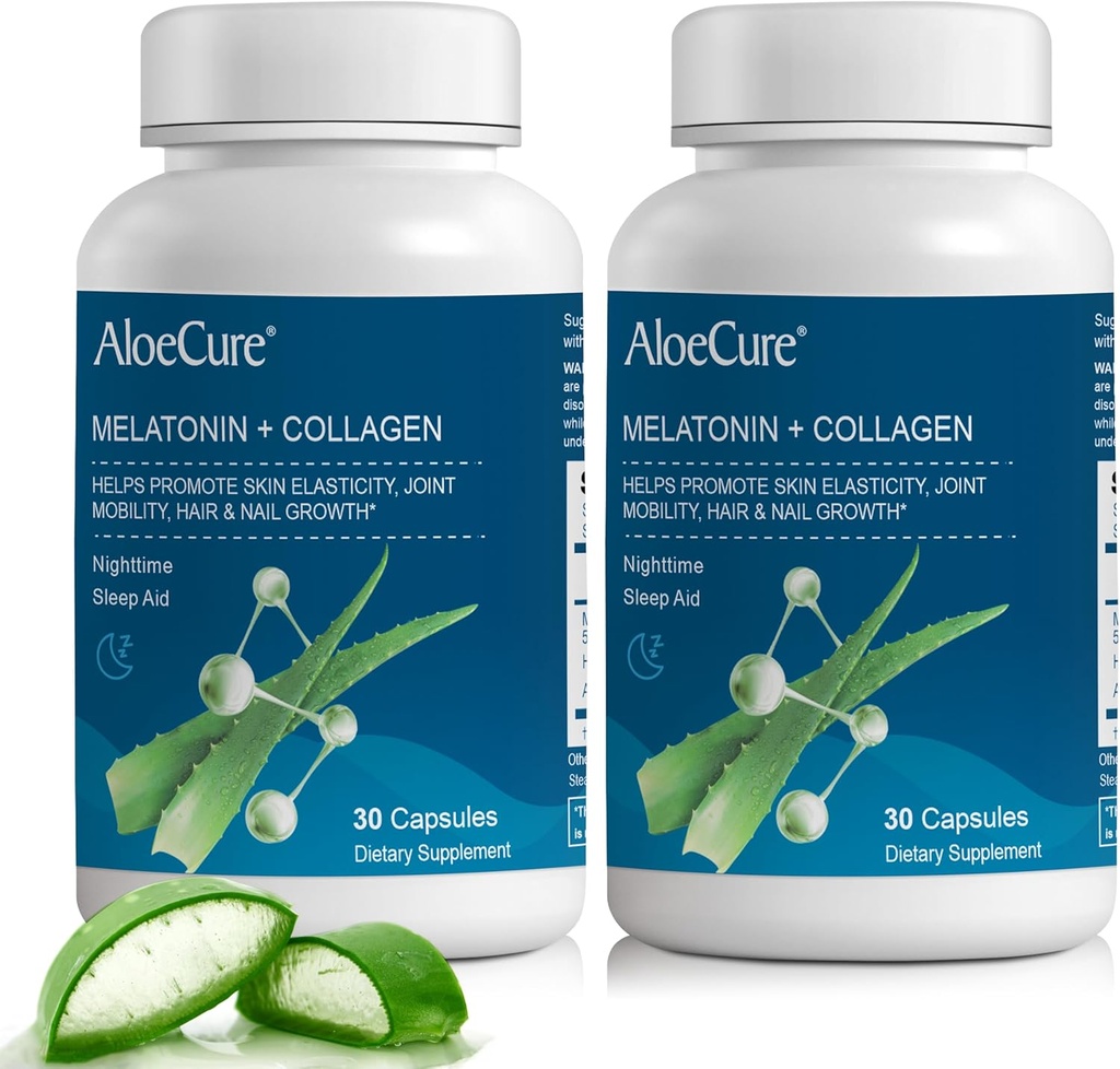 AloeCure Natural Melatonin + Collagen 与有机Aloe Vera – 休息夜的自然睡眠援助补充 – Collagen Complex 用于联合强壮,皮肤弹性,头发和钉状生长, 30 Capsules