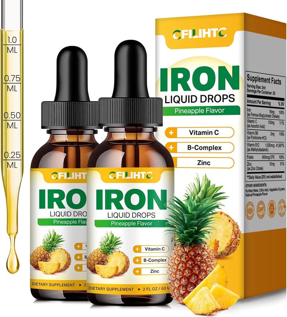 Liquid Iron Supplement for Women Men & Kids Multivitamiini Iron Drops Folaatti, C-vitamiini, B6, B12, Sinkki Anemia, Rautapuutos, Verenrakennus, Energia - Natural Ananas Flavor, Vegan 4 Fl Oz