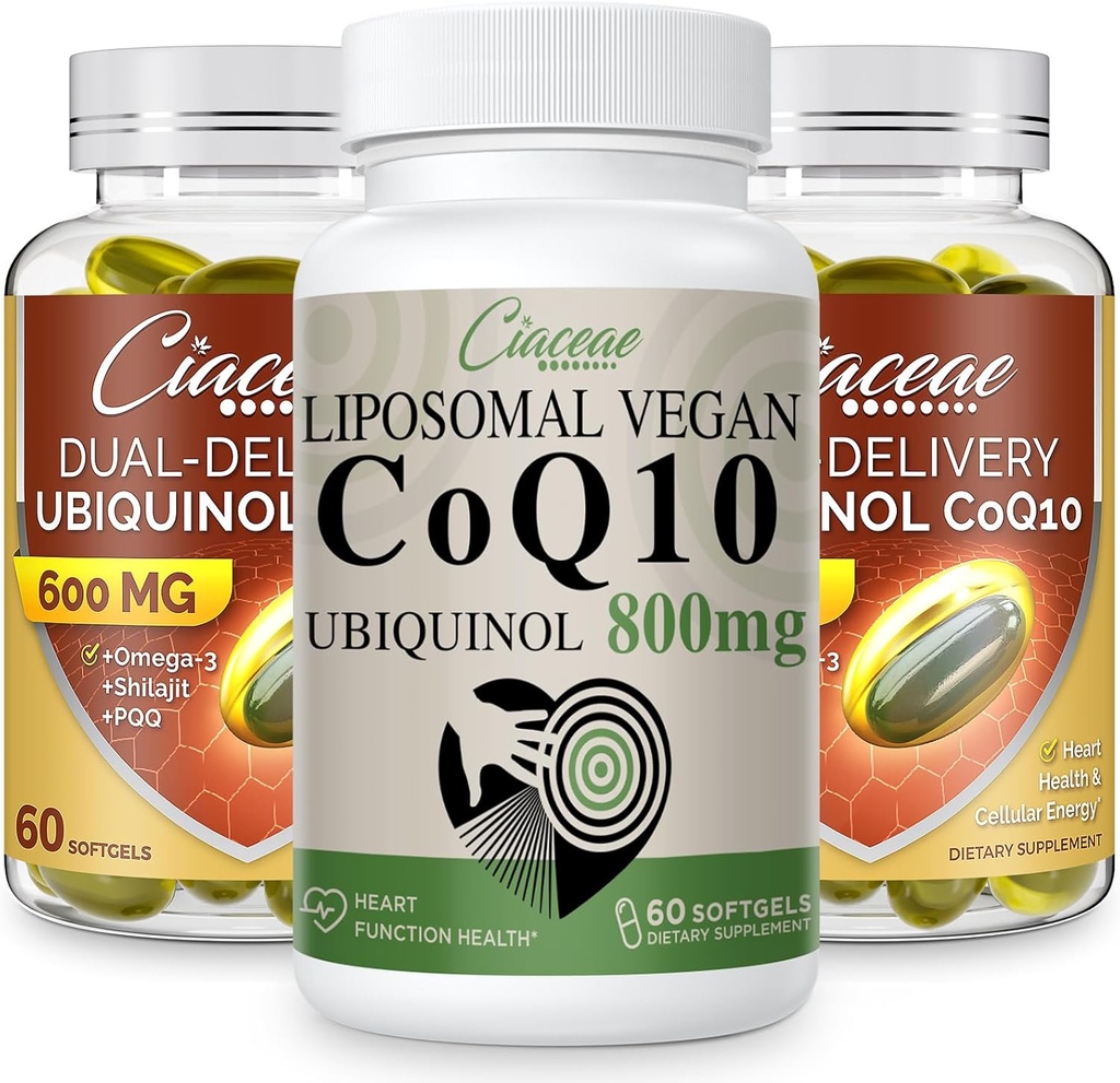 Liposomal CoQ10 800mg 1PCS Bundle con Ubiquinol CoQ10 600 MG Softgels con Omega-3 e Shilajit & PQQ 2PCS