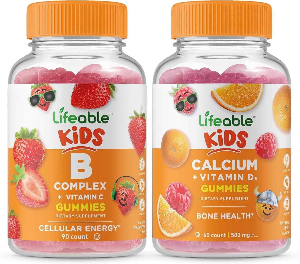 Lifeable B Complexe Enfants + Calcium avec Vitamine D Enfants, Bundle de Gommies - Grande dégustation, supplément de vitamine, sans gluten, sans OGM, Gummy à croquer